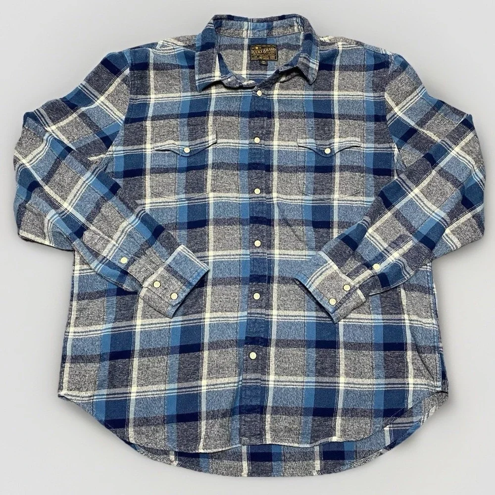 Lucky Brand Flannel Western‎ Pearl Snaps Shirt Blue Gray Plaid Mens Size XL